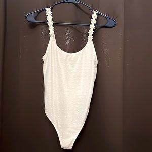 Daisy strap white polka dot bodysuit tank top with sewn overlay